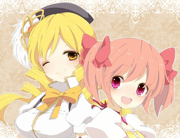 Anime picture 1000x767 with mahou shoujo madoka magica shaft (studio) kaname madoka tomoe mami toma tokage long hair short hair open mouth blonde hair twintails multiple girls yellow eyes pink hair one eye closed pink eyes wink drill hair short twintails girl dress