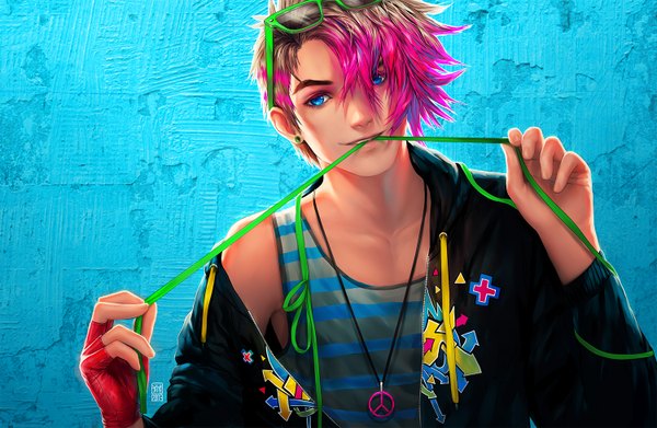 Anime picture 1500x978 with original valentina remenar single short hair blue eyes simple background blonde hair bare shoulders holding pink hair multicolored hair two-tone hair mouth hold blue background striped sunglasses on head ribbon in mouth boy gloves ribbon (ribbons)