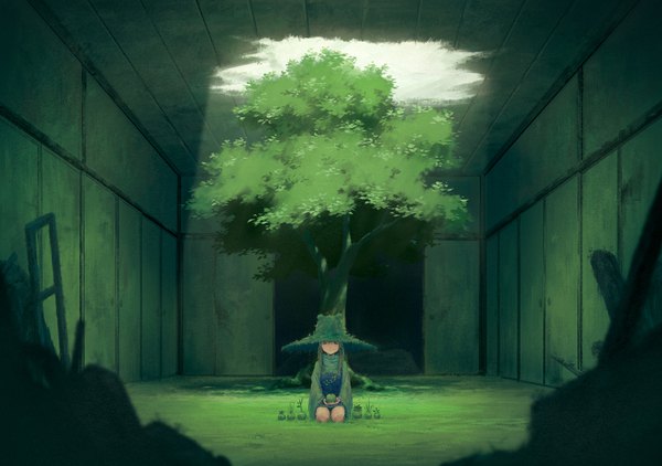 Anime picture 1644x1156 with touhou moriya suwako miso pan single long hair looking at viewer smile sitting indoors sunlight sunbeam seiza cropped overgrown girl plant (plants) hat tree (trees) grass fruit