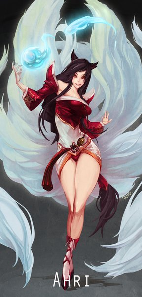 Anime picture 1150x2389 with league of legends ahri (league of legends) dutomaster single long hair tall image looking at viewer light erotic black hair smile red eyes standing bare shoulders animal ears tail cat ears multiple tails