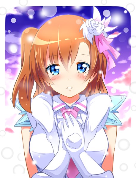 Anime picture 920x1205 with love live! school idol project sunrise (studio) love live! kousaka honoka shinekalta single tall image looking at viewer blush short hair blue eyes orange hair one side up girl dress hair ornament