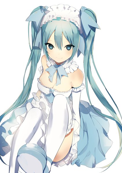 Anime picture 662x942 with vocaloid hatsune miku lpip single long hair tall image looking at viewer fringe breasts simple background smile hair between eyes white background twintails cleavage aqua eyes from above aqua hair alternate costume looking up