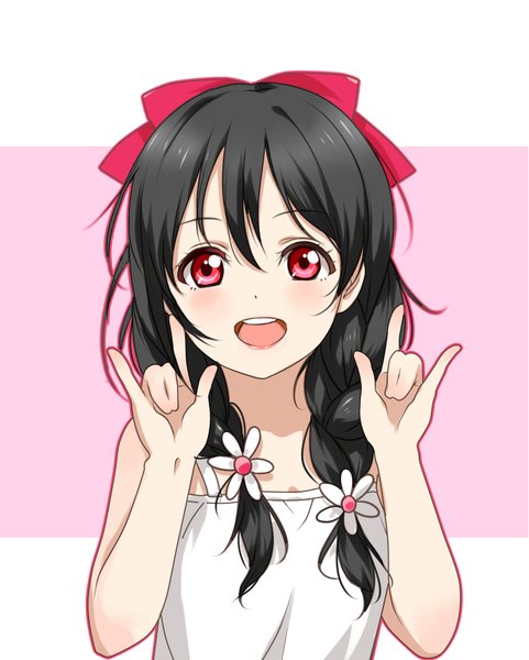 Anime picture 1590x1984 with love live! school idol project sunrise (studio) love live! yazawa nico clouble single long hair tall image looking at viewer blush fringe open mouth black hair hair between eyes red eyes upper body braid (braids) hair flower teeth no shoes