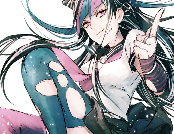 Anime picture 847x650 with dangan ronpa super dangan ronpa 2 mioda ibuki sakuyu single long hair fringe black hair simple background smile white background pink eyes multicolored hair lips streaked hair floating hair piercing pointing smirk different thighhighs