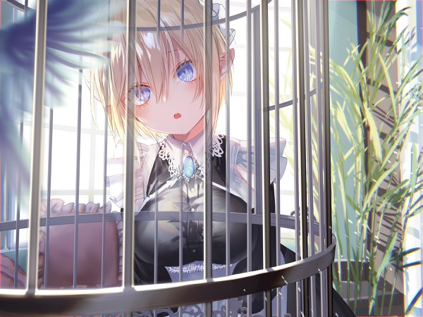 Anime picture 2400x1800 with original pottsness single looking at viewer blush fringe highres short hair breasts open mouth blue eyes blonde hair hair between eyes standing payot upper body head tilt pointy ears :o maid