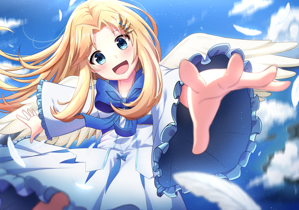 Anime picture 4327x3040 with tate no yuusha no nariagari kinema citrus firo (tate no yuusha no nariagari) ardenlolo single long hair looking at viewer blush highres open mouth blue eyes blonde hair smile absurdres sky cloud (clouds) outdoors :d wide sleeves spread arms