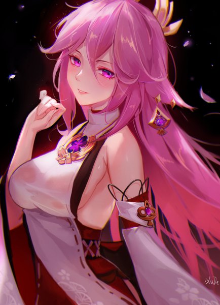 Anime picture 2739x3791 with genshin impact yae miko xude single long hair tall image looking at viewer fringe highres breasts light erotic hair between eyes signed animal ears pink hair upper body pink eyes fox ears sideboob girl