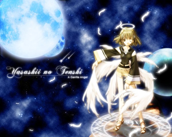 Anime picture 1280x1024 with memories off imasaka yue sasaki mutsumi exentric single short hair brown hair brown eyes full body one eye closed magic blue background angel wings third-party edit white wings space girl wings moon feather (feathers)