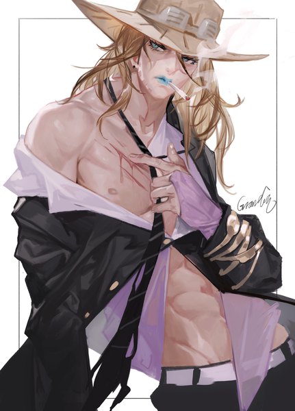 Anime picture 3445x4796 with jojo no kimyou na bouken steel ball run gyro zeppeli grandialee single long hair tall image highres blue eyes simple background blonde hair white background signed looking away absurdres upper body off shoulder lipstick groin smoke