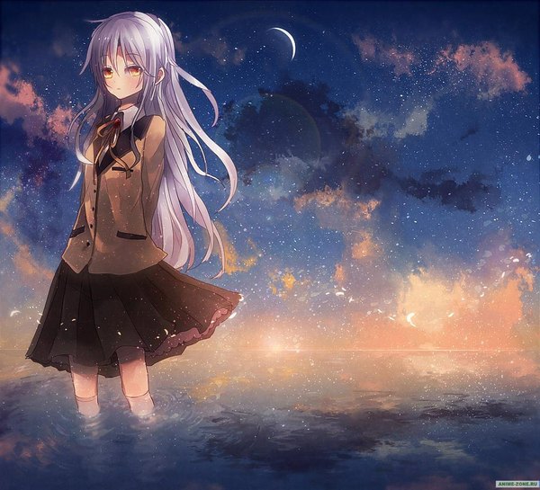 Anime picture 1100x1000 with angel beats! key (studio) tachibana kanade shinta (artist) single long hair blush sky silver hair cloud (clouds) orange eyes hands behind back crescent girl skirt uniform school uniform petals water star (stars)