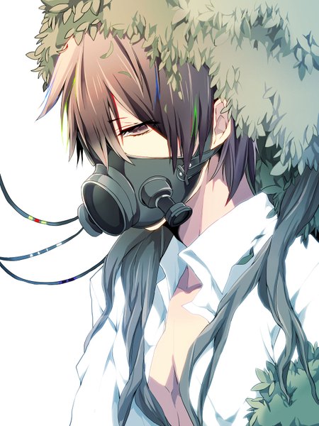Anime picture 1200x1600 with original mihatarou single tall image short hair simple background brown hair white background brown eyes open clothes open shirt boy shirt leaf (leaves) branch wire (wires) respirator