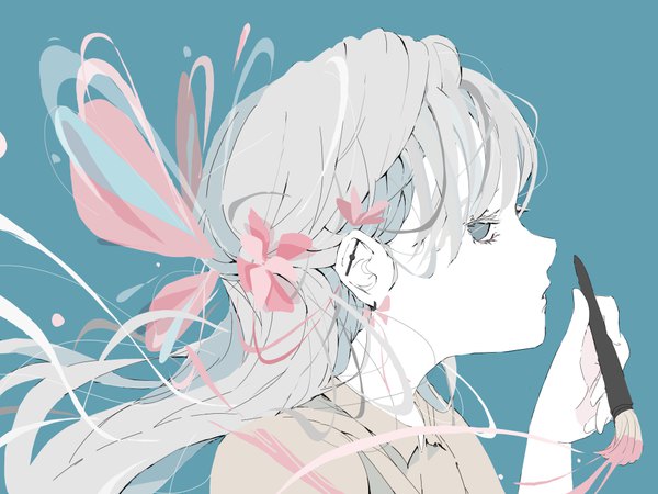 Anime picture 8000x6000 with original no copyright girl single long hair looking at viewer highres simple background absurdres upper body profile aqua eyes grey hair half updo aqua background girl paintbrush