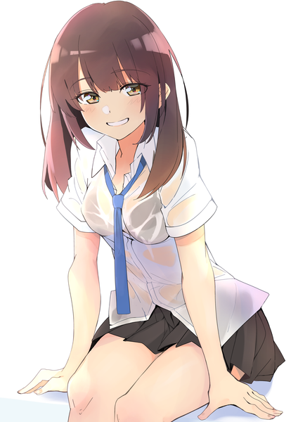 Anime picture 2894x4093 with original kazenoko single long hair tall image looking at viewer blush fringe highres breasts light erotic simple background smile brown hair white background sitting yellow eyes pleated skirt arm support short sleeves