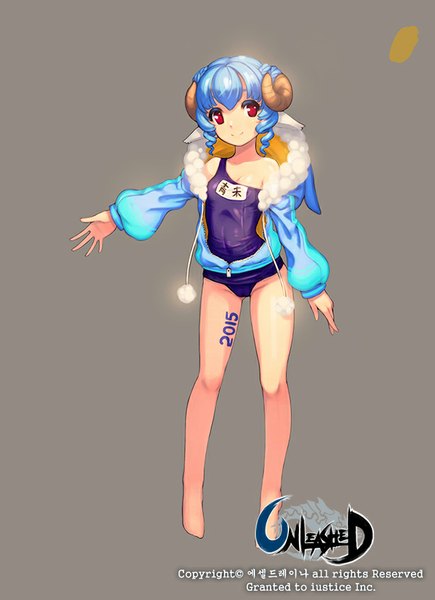 Anime picture 614x846 with unleashed ecell (artist) single tall image looking at viewer short hair light erotic simple background smile red eyes blue hair horn (horns) legs girl swimsuit jacket one-piece swimsuit school swimsuit