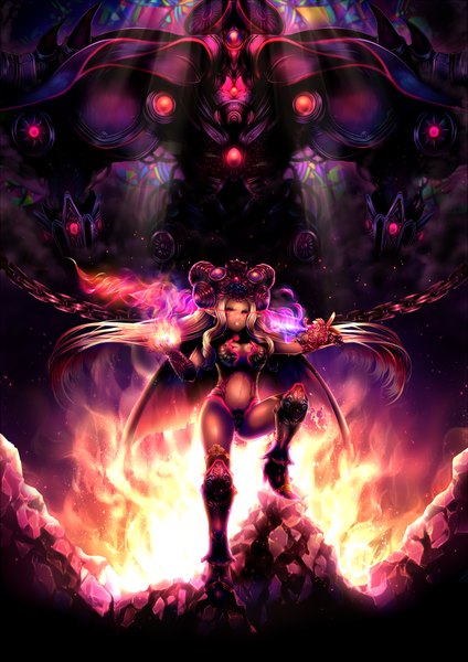 Anime picture 1000x1414 with original momoshiki tsubaki long hair tall image looking at viewer light erotic blonde hair red eyes twintails glowing glowing eye (eyes) girl navel weapon sword armor thigh boots chain helmet monster