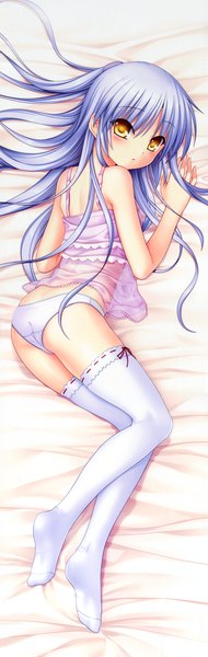 Anime picture 2268x7150 with angel beats! key (studio) tachibana kanade na-ga single long hair tall image blush highres light erotic yellow eyes blue hair cleavage lying no shoes dakimakura (medium) girl thighhighs underwear panties