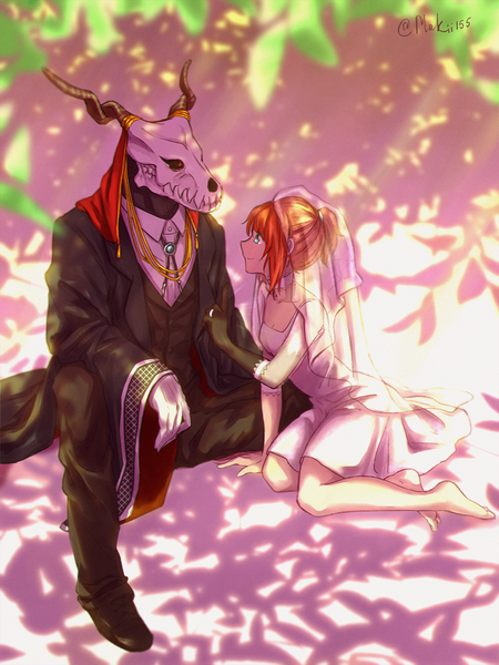 Anime picture 901x1200 with mahou tsukai no yome wit studio hatori chise ellias ainsworth makii155 tall image short hair breasts smile red eyes sitting signed cleavage full body bent knee (knees) ponytail barefoot horn (horns) aqua eyes sunlight