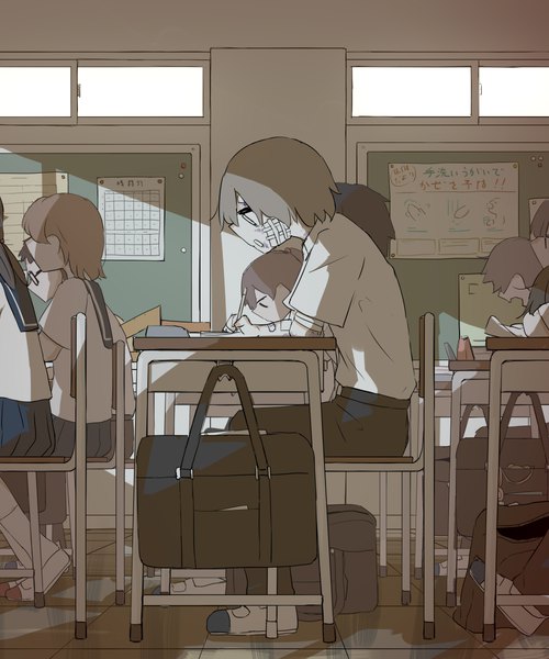 Anime picture 3000x3600 with original avogado6 tall image fringe highres short hair sitting multiple girls holding looking away full body indoors profile multiple boys short sleeves grey eyes solo focus classroom injury girl