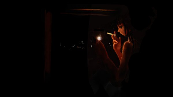 Anime picture 1280x720 with original noma single long hair fringe wide image holding profile glowing black background dark background girl fire cigarette