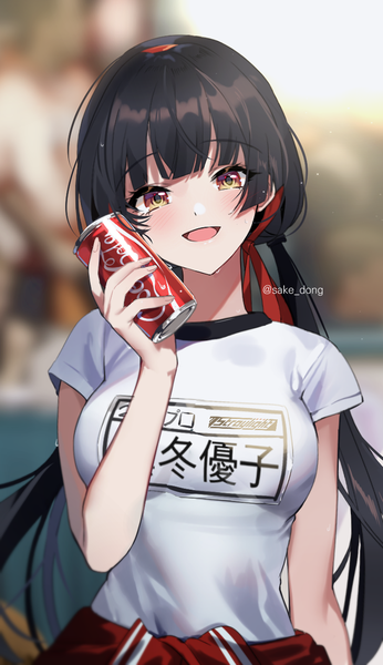 Anime picture 750x1300 with idolmaster idolmaster shiny colors coca-cola mayuzumi fuyuko sake dong single long hair tall image looking at viewer blush fringe open mouth black hair twintails signed yellow eyes upper body blunt bangs head tilt :d