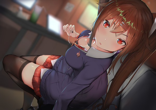 Anime picture 4093x2894 with azur lane haruna (azur lane) isaka wasabi single long hair looking at viewer blush fringe highres breasts open mouth hair between eyes red eyes brown hair sitting twintails absurdres cleavage indoors horn (horns)