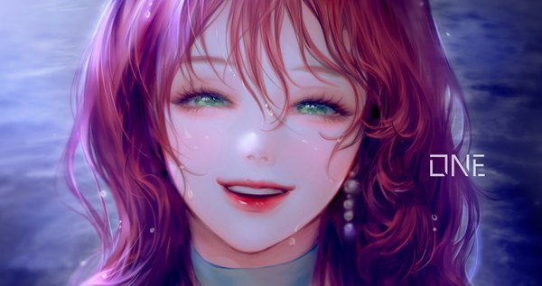 Anime picture 1327x700 with original 'o'ne (ekdlem1) single long hair looking at viewer blush fringe open mouth smile hair between eyes wide image green eyes signed cleavage red hair :d lips realistic off shoulder teeth