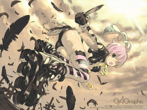 Anime picture 1280x960 with original gagraphic haku (sabosoda) light erotic pink hair sky ahoge ass pink eyes wallpaper girl chain feather (feathers) knife roller skates chameleon venus flytrap