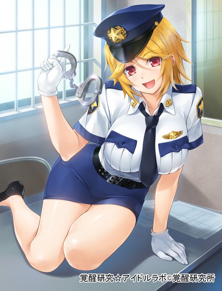 Anime picture 1340x1750 with kakusei kenkyuu idol lab wacchi single tall image looking at viewer short hair open mouth blonde hair red eyes girl skirt gloves uniform necktie belt peaked cap handcuffs police uniform