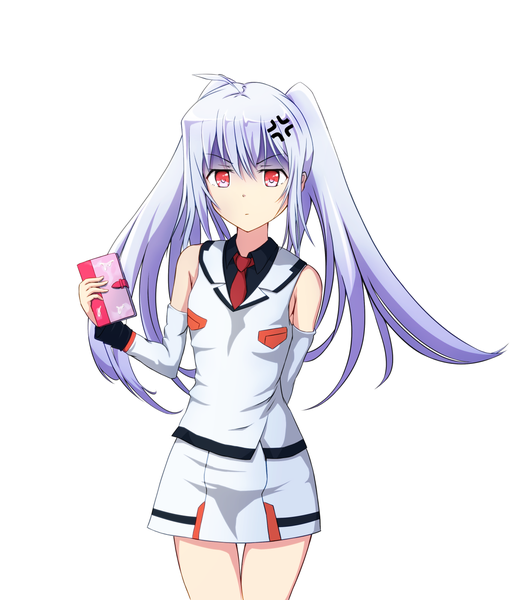 Anime picture 1240x1400 with plastic memories isla (plastic memories) minagi (p) single long hair tall image fringe simple background hair between eyes red eyes standing white background twintails bare shoulders holding payot looking away silver hair ahoge arm behind back