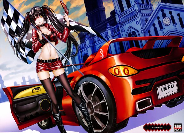 Anime picture 6913x5000 with date a live tokisaki kurumi zhuore zhi hen single long hair highres light erotic black hair twintails absurdres sky cloud (clouds) scan open clothes open jacket midriff girl thighhighs skirt navel