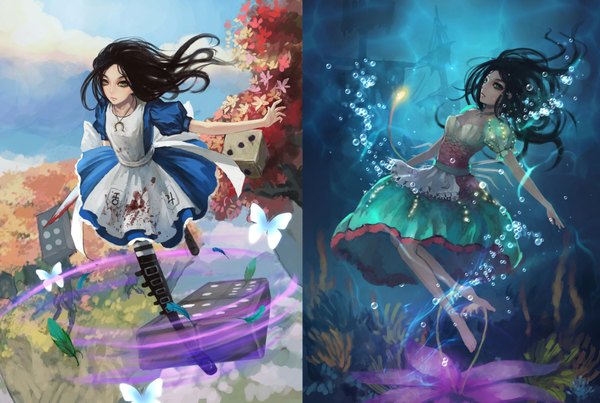 Anime picture 1898x1277 with american mcgee's alice (game) alice: madness returns alice (american mcgee's) gjred long hair highres black hair barefoot underwater autumn girl dress weapon water boots insect butterfly blood apron bubble (bubbles)