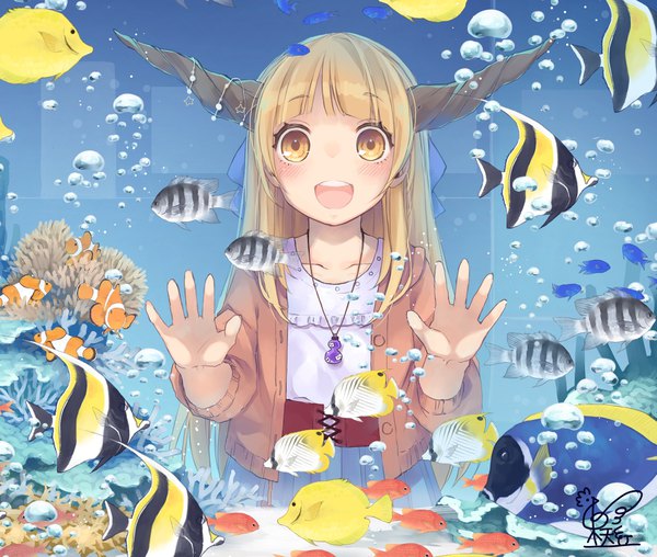 Anime picture 1781x1508 with touhou ibuki suika toutenkou single long hair looking at viewer blush highres open mouth blonde hair signed yellow eyes horn (horns) teeth against glass girl animal pendant bubble (bubbles) fish (fishes)