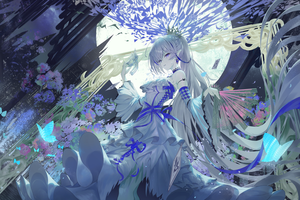 Anime picture 4500x3000 with original atatatatame01 single looking at viewer fringe highres hair between eyes purple eyes absurdres silver hair ponytail very long hair pointy ears from below empty picture frame girl dress detached sleeves white dress moon