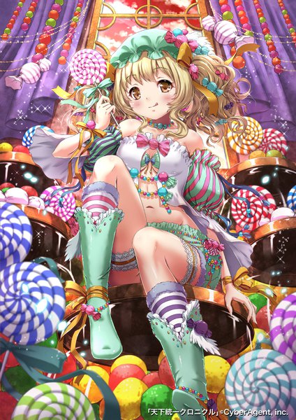 Anime picture 800x1131 with tenkuu no crystalia sakiyamama single long hair tall image looking at viewer blush fringe breasts light erotic blonde hair smile sitting twintails bare shoulders holding brown eyes payot sky cleavage