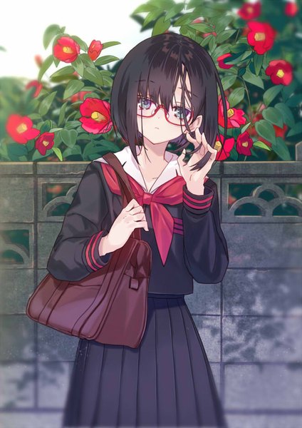 Anime picture 661x935 with original miyoshino single tall image looking at viewer fringe short hair blue eyes black hair hair between eyes standing outdoors long sleeves head tilt pleated skirt expressionless holding hair girl skirt uniform