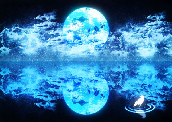Anime picture 1400x990 with original urara256 sky cloud (clouds) night reflection no people glow animal water bird (birds) moon star (stars) full moon crow