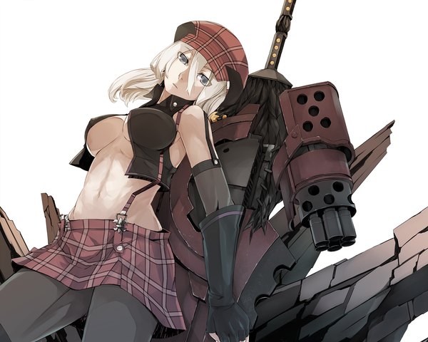Anime picture 2000x1600 with god eater god eater burst ufotable alisa ilinichina amiella el (pixiv) single long hair looking at viewer highres breasts open mouth blue eyes light erotic large breasts white background white hair erect nipples plaid skirt covered nipples silver eyes