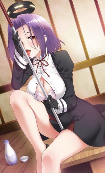 Anime picture 1076x1765 with kantai collection tatsuta light cruiser ren san single tall image looking at viewer blush short hair breasts light erotic large breasts sitting brown eyes purple hair open clothes licking girl dress gloves weapon