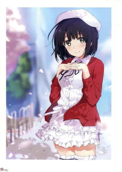 Anime picture 2471x3500 with saenai heroine no sodatekata a-1 pictures milky been! (ogipote) - 2015 charakcolle (artbook) katou megumi ogipote single tall image looking at viewer blush highres short hair black hair smile brown eyes wind blurry scan depth of field frilled dress girl
