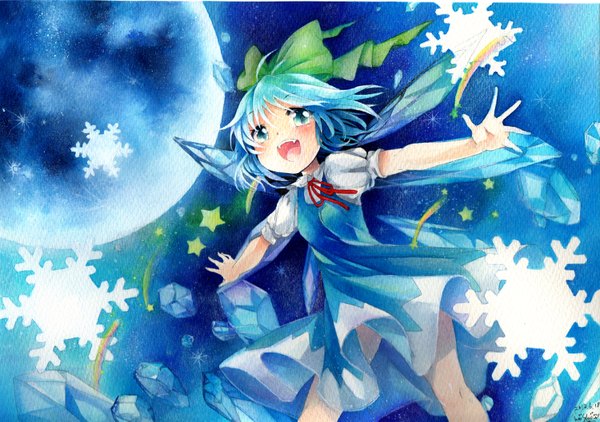 Anime picture 1500x1057 with touhou cirno mosho single blush short hair open mouth blue eyes smile signed blue hair looking away :d from below spread arms snow traditional media watercolor (medium) girl dress