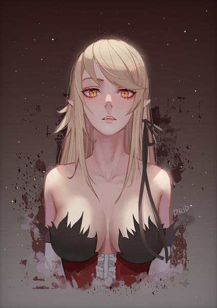 Anime picture 2121x3000 with kizumonogatari shaft (studio) monogatari (series) kissshot acerolaorion heartunderblade drid single long hair tall image looking at viewer fringe highres breasts open mouth light erotic simple background blonde hair large breasts signed yellow eyes upper body
