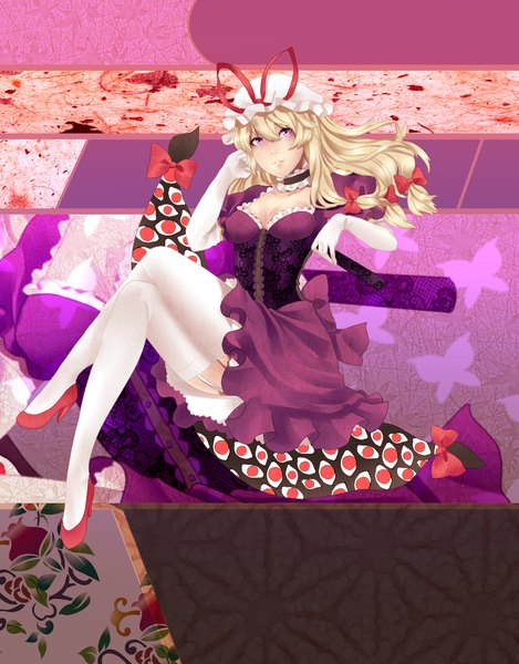 Anime picture 1300x1663 with touhou yakumo yukari y.i. (lave2217) single long hair tall image blonde hair purple eyes crossed legs girl thighhighs dress gloves bow hair bow white thighhighs elbow gloves bonnet