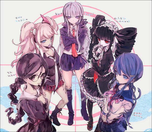 Anime picture 1018x884 with dangan ronpa kirigiri kyouko enoshima junko celestia ludenberg maizono sayaka fukawa touko kitaya long hair looking at viewer fringe open mouth blue eyes black hair red eyes standing purple eyes twintails multiple girls blue hair looking away