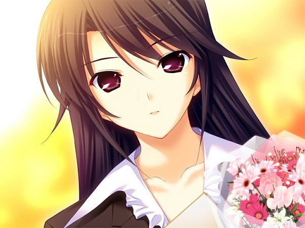 Anime picture 1024x768 with hoshiuta morishita seiko long hair black hair purple eyes game cg girl flower (flowers)