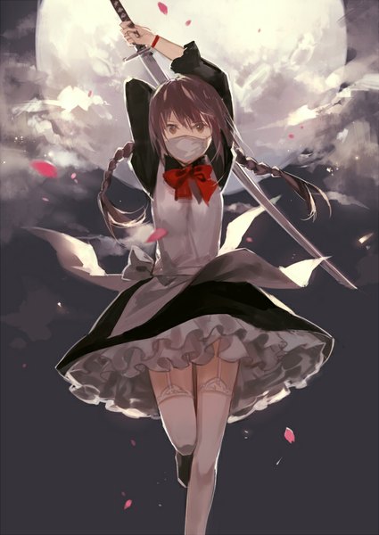 Anime picture 709x1000 with original cotta single long hair tall image looking at viewer brown hair twintails brown eyes sky cloud (clouds) braid (braids) cherry blossoms arms behind head girl thighhighs hair ornament bow weapon plant (plants)