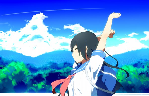 Anime picture 1449x940 with kyoukai no kanata kyoto animation nase mitsuki ogipote single long hair black hair sky cloud (clouds) eyes closed girl plant (plants) tree (trees) serafuku school bag