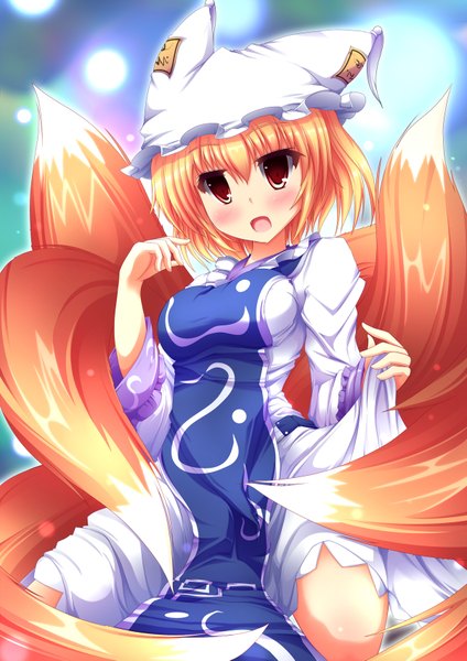 Anime picture 1200x1697 with touhou yakumo ran liya tall image blush short hair open mouth red eyes japanese clothes orange hair fox ears fox tail fox girl multiple tails girl