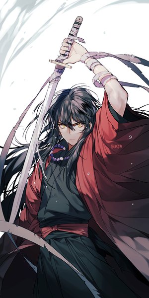 Anime picture 700x1400 with inuyasha inuyasha (character) inuyasha (human form) sorolp single long hair tall image looking at viewer fringe black hair hair between eyes white background signed yellow eyes traditional clothes japanese clothes fighting stance boy weapon sword