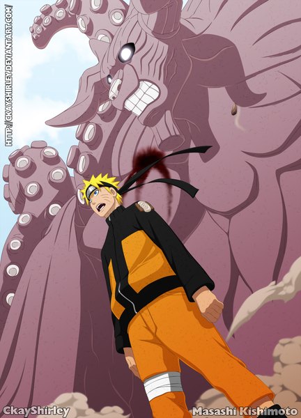 Anime picture 1440x2000 with naruto studio pierrot naruto (series) uzumaki naruto gyuuki (hachibi) ckayshirley tall image short hair open mouth blue eyes blonde hair sky cloud (clouds) horn (horns) from below grin coloring facial mark smoke whisker markings