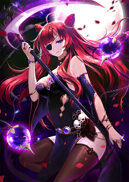 Anime picture 700x986 with original phonic single long hair tall image looking at viewer fringe breasts blue eyes light erotic standing holding ahoge bent knee (knees) red hair parted lips night wide sleeves hair bun (hair buns) night sky